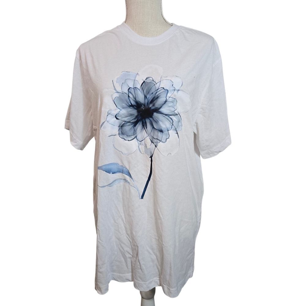 Floral Graphic T-Shirt | Blue Watercolor Flower | 100% Cotton | Size L